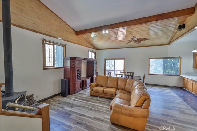 living area with lofted ceiling with beams, ceiling fan, wood finished floors, and a wood stove