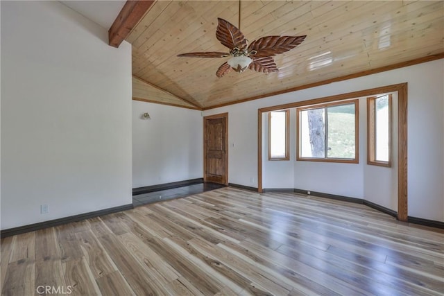 unfurnished room with vaulted ceiling with beams, baseboards, wood ceiling, and wood finished floors