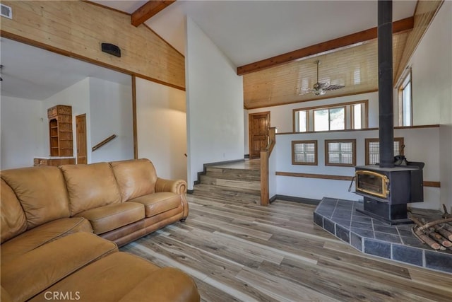 living room with visible vents, a wood stove, wood finished floors, beamed ceiling, and baseboards