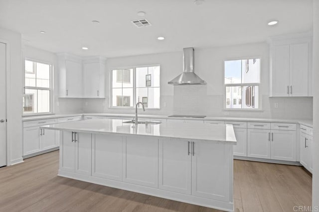 kitchen featuring black electric stovetop, a sink, an island with sink, wall chimney exhaust hood, and visible vents