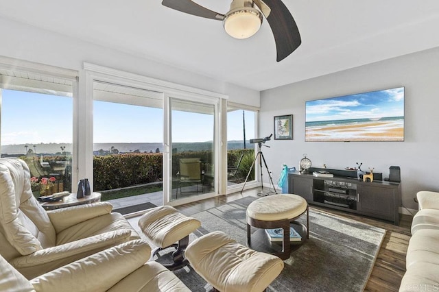 living room featuring a ceiling fan and wood finished floors