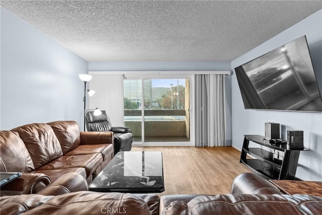 living area featuring a textured ceiling and wood finished floors