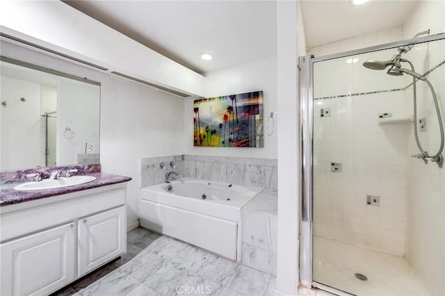 bathroom with vanity, marble finish floor, a jetted tub, recessed lighting, and a stall shower