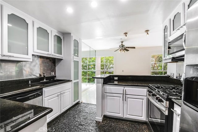 kitchen featuring plenty of natural light, a sink, a peninsula, and stainless steel appliances