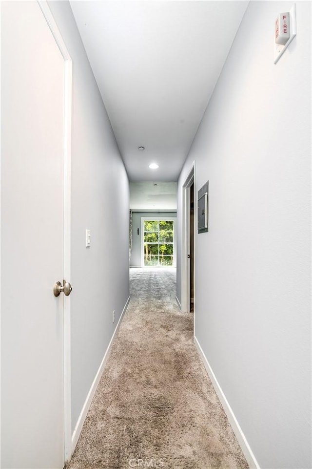 hallway featuring baseboards and carpet flooring
