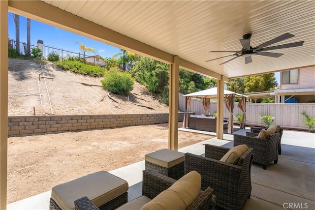 41787 Humber Dr, Temecula, CA 92591 - view of patio / terrace with a gazebo, an outdoor living space, a fenced backyard, and a ceiling fan