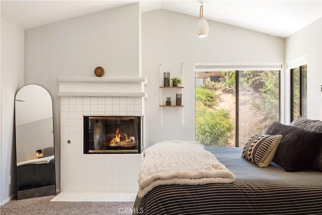 41787 Humber Dr, Temecula, CA 92591 - bedroom with lofted ceiling, a fireplace, and carpet