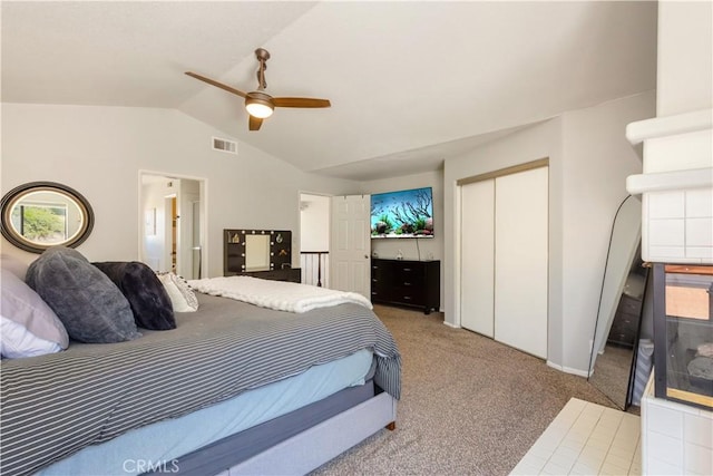 41787 Humber Dr, Temecula, CA 92591 - carpeted bedroom with lofted ceiling, a closet, and ceiling fan