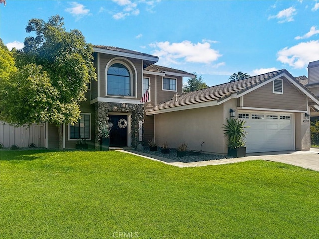 41787 Humber Dr, Temecula, CA 92591 - traditional-style house with a front yard, a garage, concrete driveway, and stucco siding