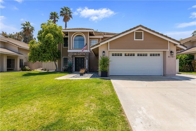 41787 Humber Dr, Temecula, CA 92591 - view of front of home with concrete driveway, a garage, a front lawn, stone siding, and stucco siding