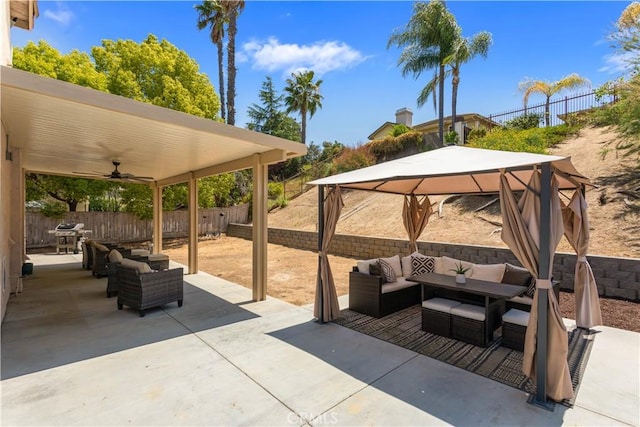 41787 Humber Dr, Temecula, CA 92591 - view of patio featuring a gazebo, an outdoor living space, a ceiling fan, and a fenced backyard