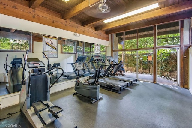 exercise room with wooden ceiling