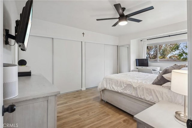 bedroom with ceiling fan and light wood-type flooring