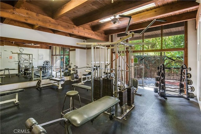 gym featuring a wealth of natural light and wooden ceiling