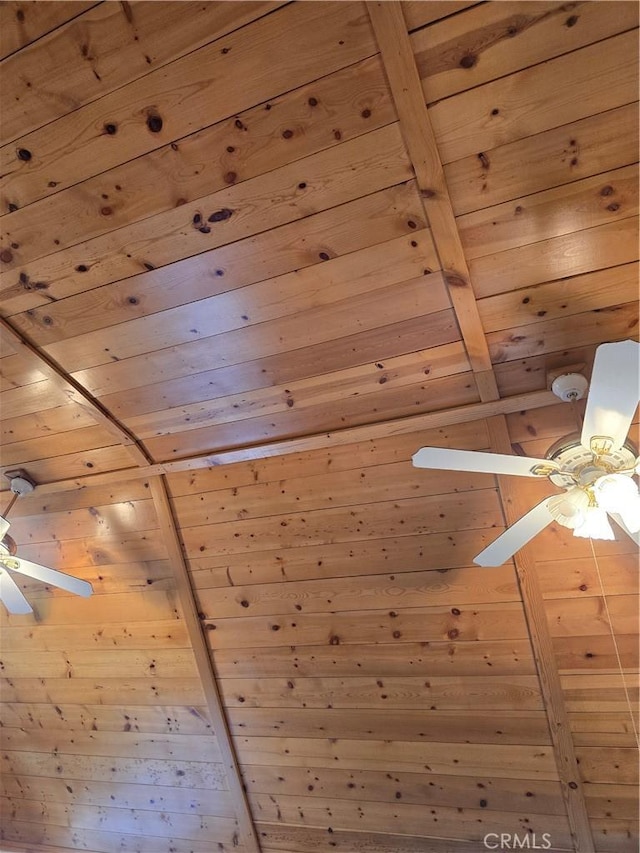 additional living space with wooden walls, wood ceiling, beamed ceiling, and a ceiling fan