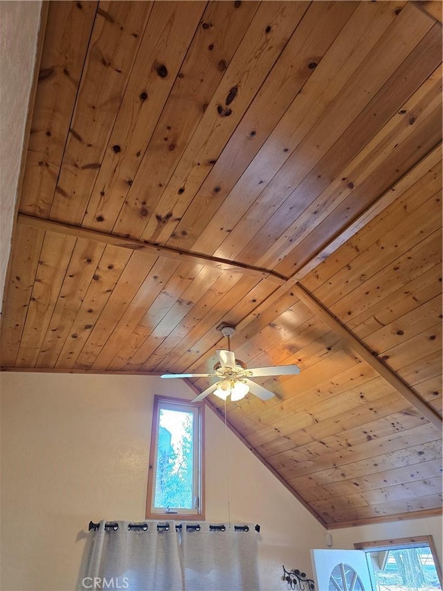 bonus room with ceiling fan, a healthy amount of sunlight, wood ceiling, and lofted ceiling