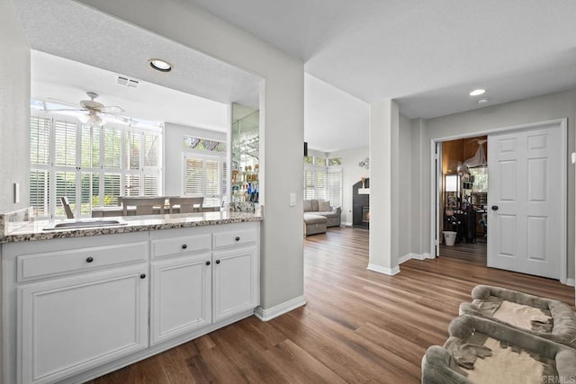 interior space with visible vents, baseboards, ceiling fan, dark wood-type flooring, and a sink