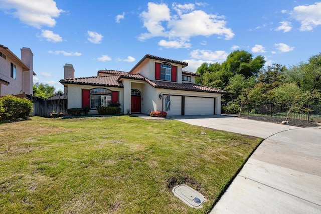 mediterranean / spanish-style home featuring fence, a chimney, driveway, and stucco siding