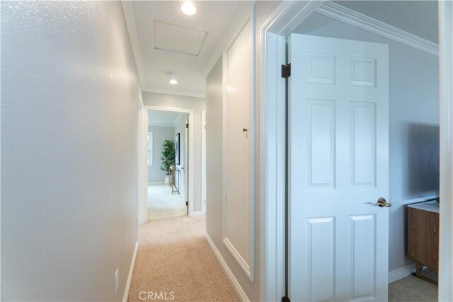 hall with light carpet, attic access, crown molding, and baseboards