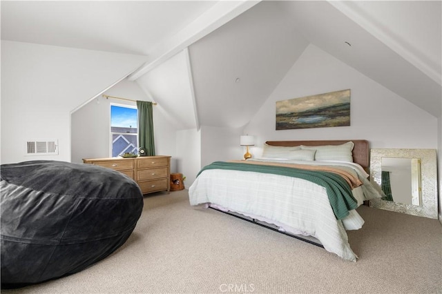 carpeted bedroom with visible vents and lofted ceiling