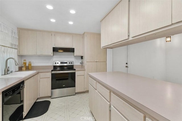 2797 Persimmon Pl, Riverside, CA 92506 - kitchen with a sink, light countertops, black dishwasher, under cabinet range hood, and stainless steel electric stove
