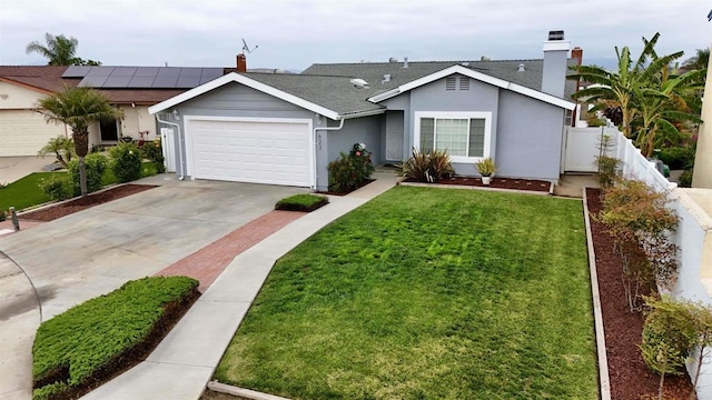 single story home featuring stucco siding, driveway, a chimney, and a garage