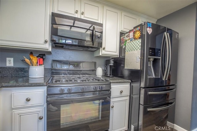 kitchen with black microwave, gas stove, stainless steel fridge with ice dispenser, and white cabinetry