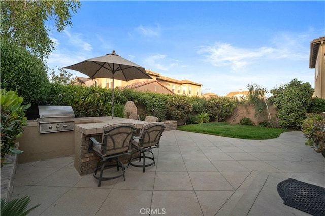 view of patio featuring an outdoor bar, an outdoor kitchen, and a grill