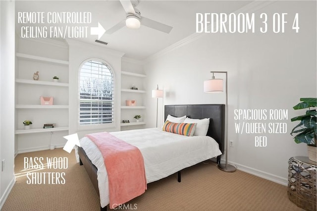473 Periwinkle St, Fullerton, CA 92835 - bedroom featuring crown molding, carpet floors, baseboards, and ceiling fan