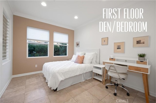 473 Periwinkle St, Fullerton, CA 92835 - bedroom with crown molding, baseboards, a desk, recessed lighting, and light tile patterned floors