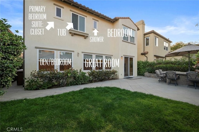 473 Periwinkle St, Fullerton, CA 92835 - rear view of house with stucco siding, a yard, a patio area, and a tiled roof