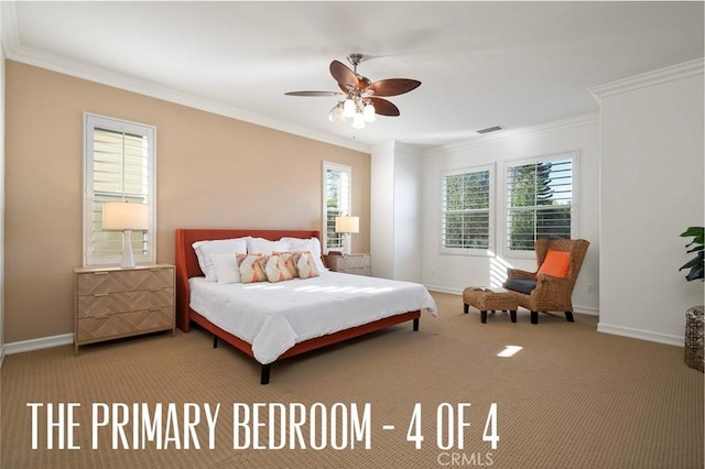 473 Periwinkle St, Fullerton, CA 92835 - bedroom with crown molding, baseboards, carpet flooring, and a ceiling fan