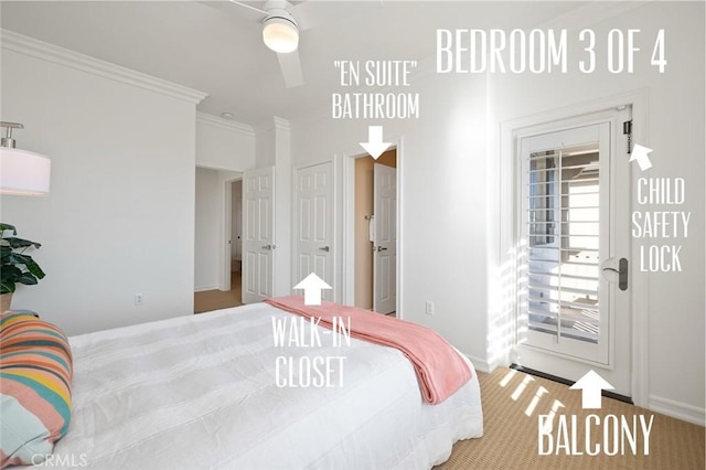 473 Periwinkle St, Fullerton, CA 92835 - carpeted bedroom with crown molding, access to exterior, baseboards, and ceiling fan