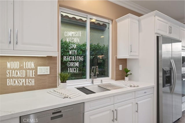 473 Periwinkle St, Fullerton, CA 92835 - kitchen featuring stainless steel appliances, a sink, white cabinetry, tasteful backsplash, and ornamental molding
