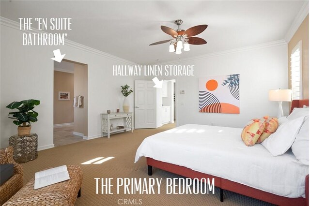 473 Periwinkle St, Fullerton, CA 92835 - carpeted bedroom featuring ornamental molding, baseboards, and a ceiling fan