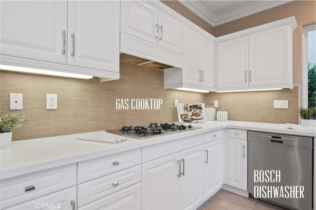 473 Periwinkle St, Fullerton, CA 92835 - kitchen with stainless steel appliances, crown molding, white cabinetry, light countertops, and tasteful backsplash