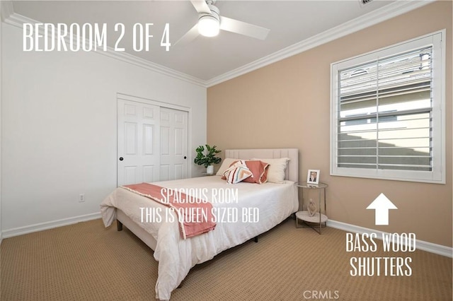 473 Periwinkle St, Fullerton, CA 92835 - bedroom featuring carpet, crown molding, baseboards, a closet, and ceiling fan