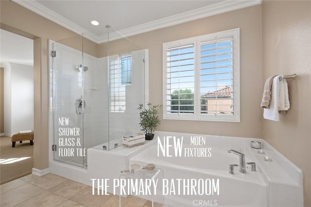473 Periwinkle St, Fullerton, CA 92835 - bathroom with ornamental molding, a stall shower, a garden tub, and tile patterned floors