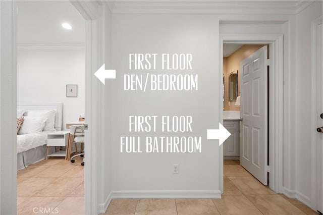473 Periwinkle St, Fullerton, CA 92835 - hall featuring crown molding, light tile patterned floors, a desk, baseboards, and recessed lighting