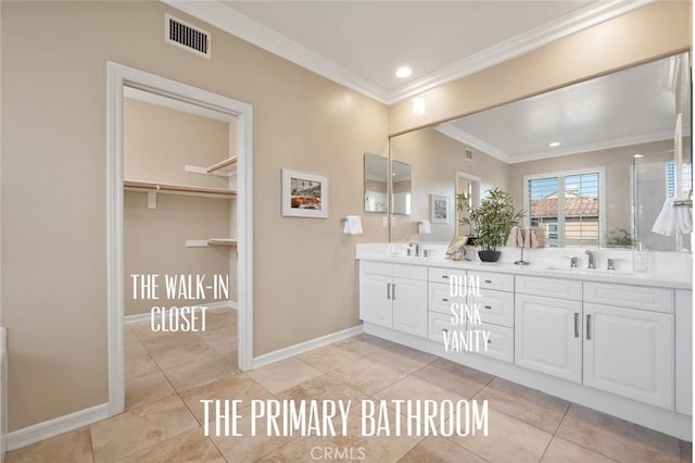 473 Periwinkle St, Fullerton, CA 92835 - full bath with crown molding, double vanity, tile patterned floors, baseboards, and recessed lighting