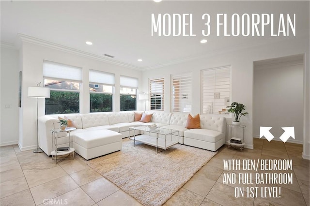 473 Periwinkle St, Fullerton, CA 92835 - living area with ornamental molding, tile patterned flooring, recessed lighting, and baseboards