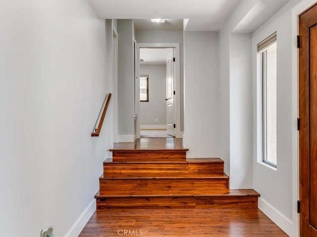 stairs featuring baseboards and wood finished floors