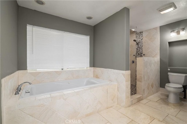 bathroom with walk in shower, toilet, a bath, and tile patterned floors