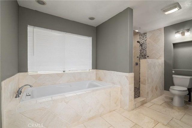 2485 W Westward Ave, Banning, CA 92220 - bathroom featuring a bath, tiled shower, and tile patterned flooring