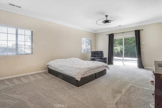 bedroom featuring carpet floors, access to outside, baseboards, and ornamental molding
