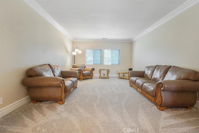 carpeted living area with baseboards and ornamental molding