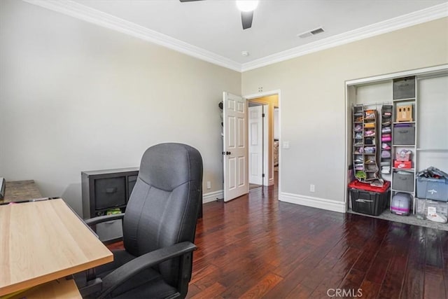 office area featuring visible vents, wood-type flooring, crown molding, baseboards, and a ceiling fan