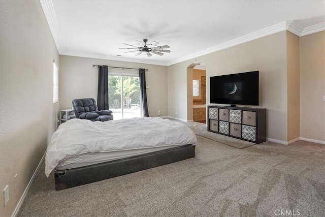 carpeted bedroom with crown molding, baseboards, ceiling fan, access to outside, and arched walkways