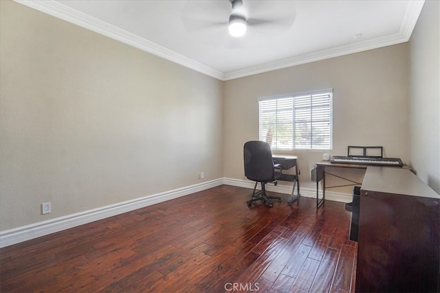 office featuring crown molding, a ceiling fan, baseboards, and hardwood / wood-style floors