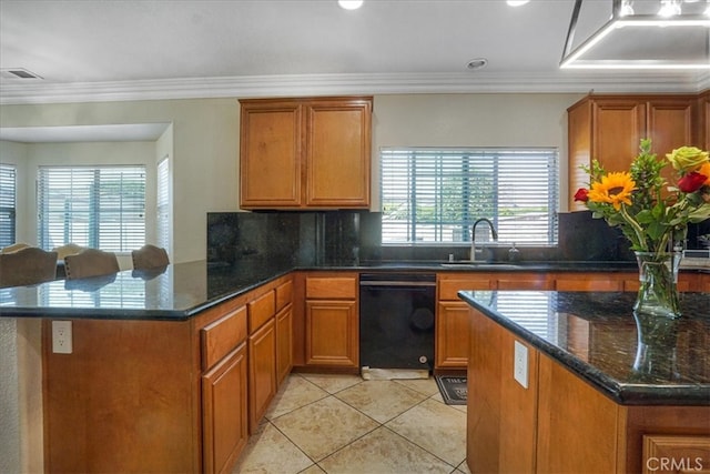 kitchen featuring decorative backsplash, black dishwasher, brown cabinets, and light tile patterned flooring
